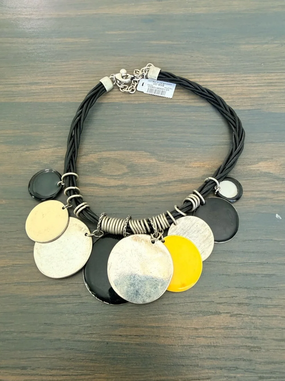 Chico’s Statement Disc Necklace Mixed Metal Black Cord NWT